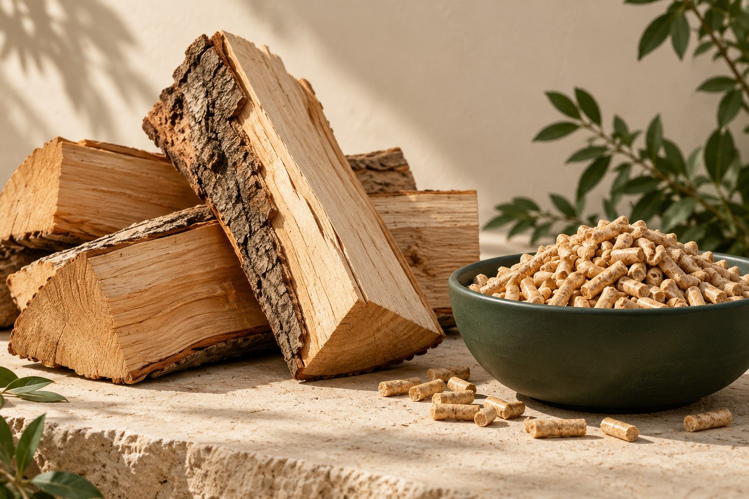 Holzpellets und Brennholz in einer natürlichen Materialkomposition