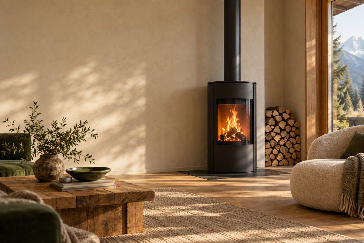 Wohnraum mit Holzofen und warmer Atmosphäre